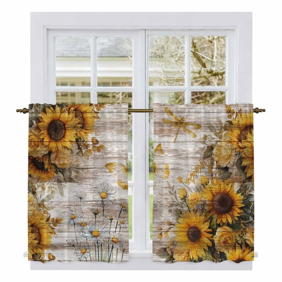 Farmhouse Sunflower Tier Curtains 54 Inch Length, Vintage Daisy Butterflies Rustic Wood Cafe Short Curtains for Bathroom Over Sink, Small Kitchen Curtain Light Filtering Drapes 2 Panels 27.5"Wx54"L