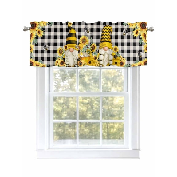 Farmhouse Sunflower Valances for Windows, Rod Pocket Kitchen Valance Curtains - Soft & Washable Small Window Treatment for Living Room, Bathroom, Farmhouse Wood Gnome , 42x12 Inch, 1 Panel