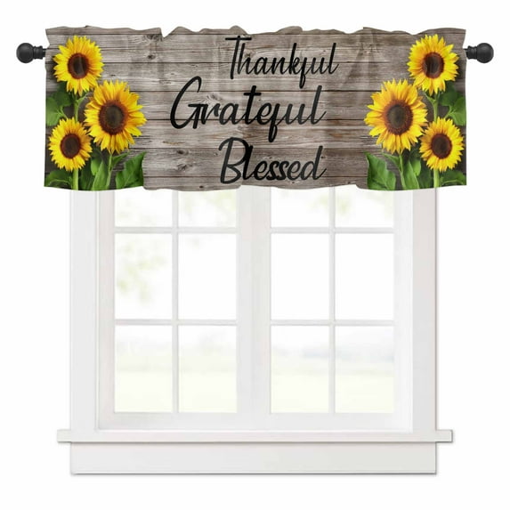 Farmhouse Sunflower Valances for Windows Thankful Grateful Blessed Wood Grain Rod Pocket Curtain Valance Window Treatment Short Curtains for Kitchen Living Room, 42"x12"