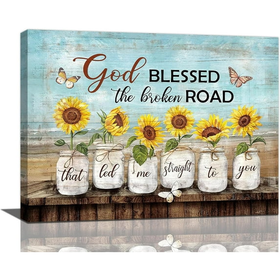 Farmhouse Sunflower Wall Art Butterfly Religion Christian Bible Verse Pictures Wall Decor Scripture Quotes Canvas Painting Print Artwork Framed for Living Room Bedroom Bathroom 16"×12"