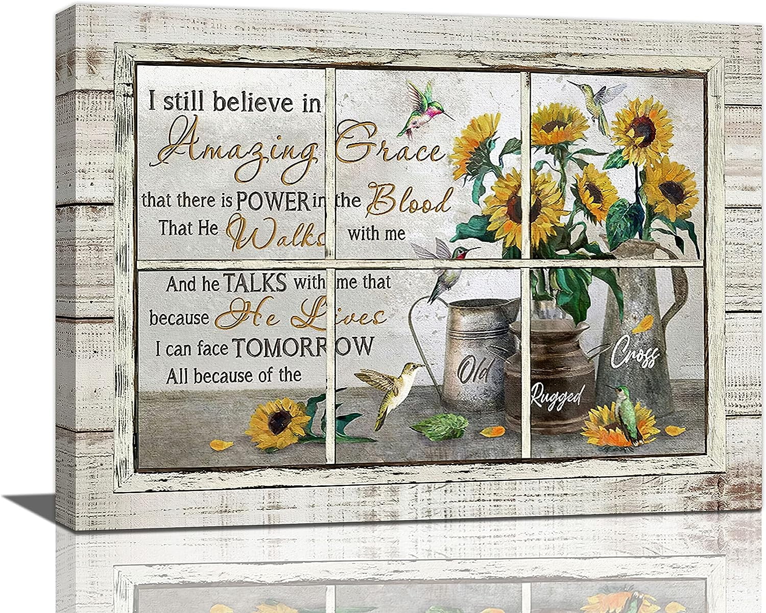 Farmhouse Sunflower Wall Art Country Rustic Window Sunflower Hummingbird Pictures Wall Decor Amazing Grace Canvas Prints Paintings Framed Artwork Home Decor For Bathroom Bedroom Living Room 16"x12"