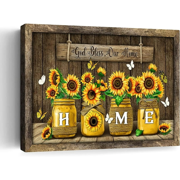 Farmhouse Sunflower Wall Art Rustic Flower Picture Decor Wall Art Country Floral God Bless Our Home Canvas Prints Painting Framed Modern Artwork For Home Living Room Bathroom Kitchen Bedroom 12"X16"