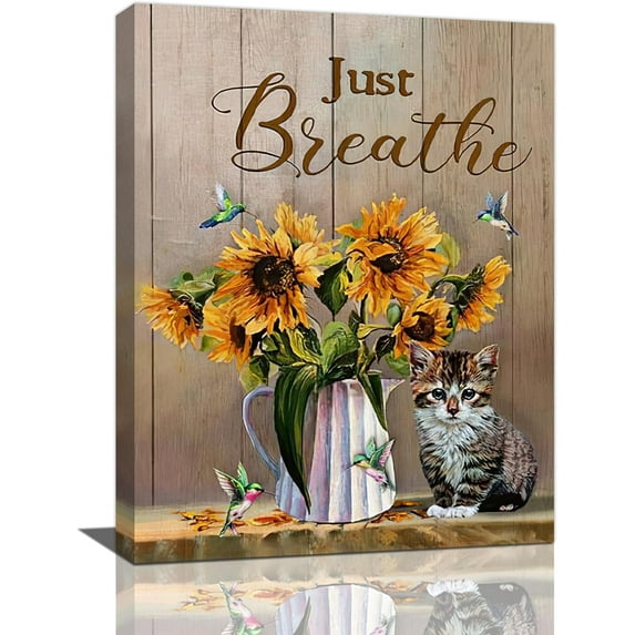 Farmhouse Sunflower Wall Art Rustic Flowers Cat Pictures Wall Decor Country Painting Just Breathe Canvas Print Framed Home Artwork For Living Room Bedroom Kitchen Office 12"x16"