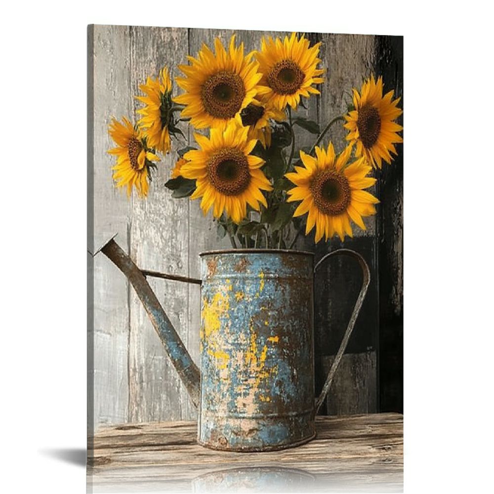 Farmhouse Sunflower Wall Art Rustic Flowers Painting Country Yellow ...