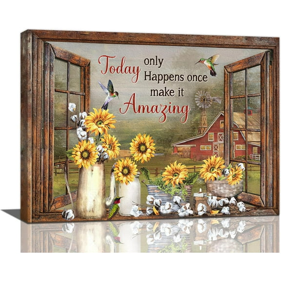 Farmhouse Sunflower Wall Art Rustic Hummingbird Pictures Wall Decor Inspirational Quotes Canvas Painting Print Artwork Modern Home Decor Framed for Living room Bedroom Bathroom 16"×12"