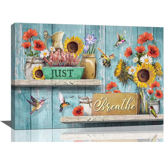 Farmhouse Sunflower Wall Art Teal Sunflower Pictures Wall Decor Just Breathe Canvas Painting Print Hummingbird Artwork Modern Home Decor Framed for Living room Bedroom Bathroom 12"X16"