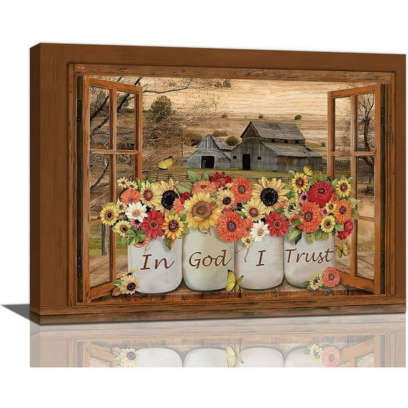 Farmhouse Sunflower Wall Art Window Rustic Christian Butterfly Bible Verse Pictures Wall Decor Scripture Quotes Canvas Painting Print Artwork Framed for Living Room Bedroom Bathroom 16"×12"
