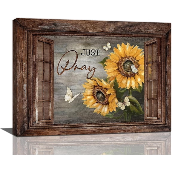 Farmhouse Sunflower Wall Art Window Rustic Just breathe Butterfly Pictures Wall Decor Sunflower Canvas Painting Print Artwork Framed for Living Room Bedroom Bathroom 16"×12"