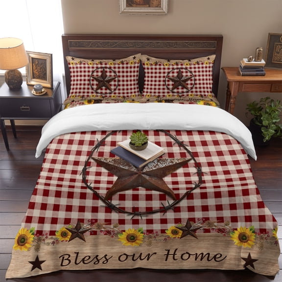 Farmhouse Sunflower Western Star Queen Size Bed Set,Vintage Buffalo Check Bedding for All Seasons,4 Pcs Bed Set,1 Quiltcover (90"x90"),1 Sheet (90"x102"),2 Pillowcases (20"x30")