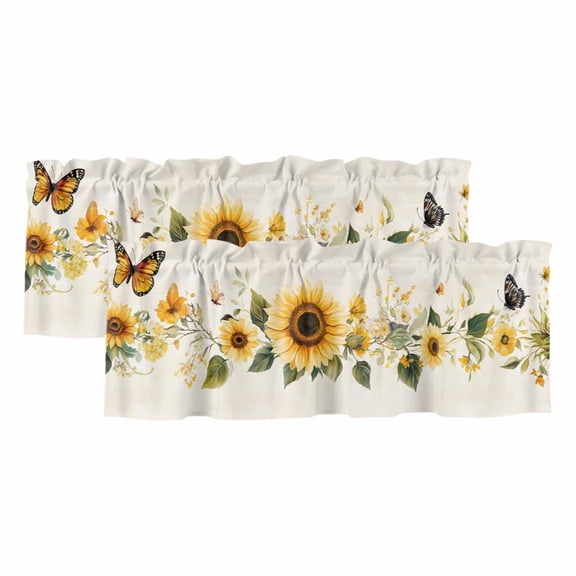 Farmhouse Sunflower Window Valance, Retro Rustic Rural Floral Butterfly 2 Pack Decorative Curtain for Small Windows, Light Filtering Valance with 3” Rod Pocket, 42"W x 18"L