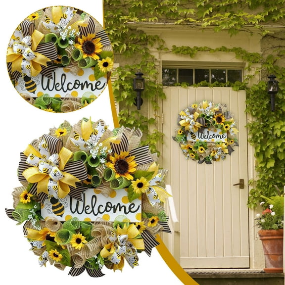 Farmhouse Sunflower Wreath with Welcome Sign - 15.7" Spring Summer Front Door Wreath for Porch, Wall & Window Decor, Housewarming & Mother's Day Gift