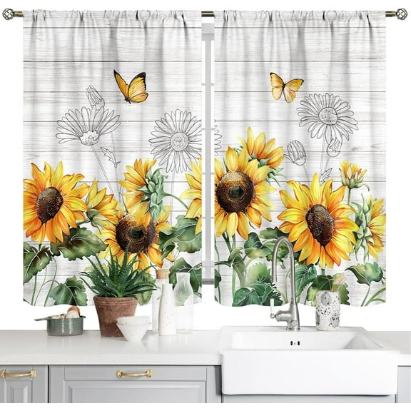 Farmhouse Sunflower Yellow Floral Butterfly Bathroom Cafe Curtains - 26x36 Inch Rustic Flower Rod Pocket Drapes Treatment Tier Curtains