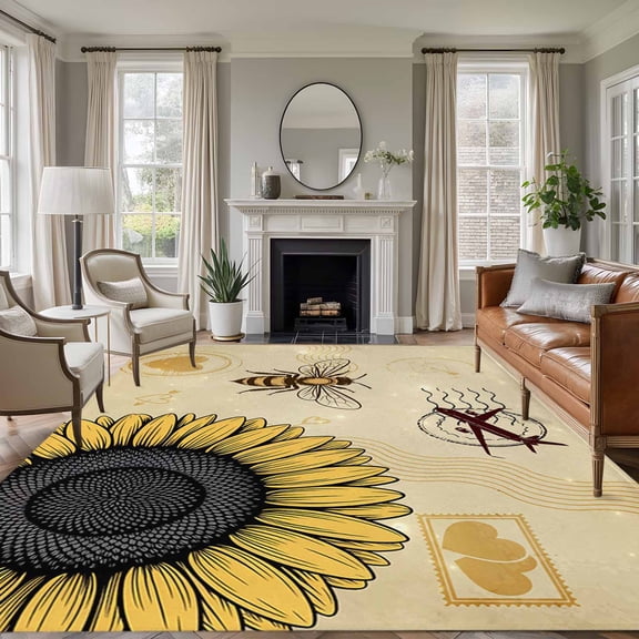 Farmhouse Sunflowers Area Rugs 6'x9', Washable Small Throw Rugs for Kitchen Dining room, Vintage Bees Airplane Country Floral Indoor Outdoor Rug Non-Slip Low Pile Carpet Runner Reversible Floor Mats
