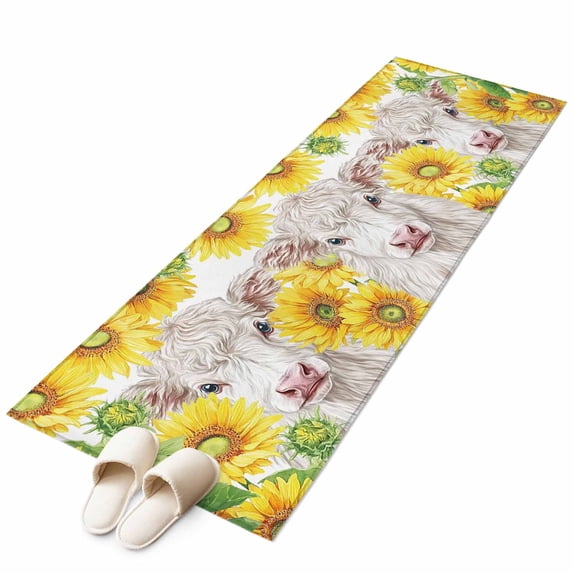 Farmhouse Sunflowers Area Rugs Collection 2'x6', Spring Country Watercolor Cow Floral Non Slip Indoor Rectangle Throw Runner Rug Floor Mat Carpet for Living Room Dining Table Bedroom Nursery