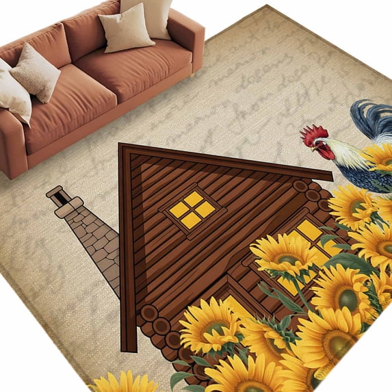 Farmhouse Sunflowers Area Rugs Collection 5'x7', Vintage Roosters Farm Countryside Non Slip Indoor Rectangle Throw Runner Rug Floor Mat Carpet for Living Room Dining Table Bedroom Nursery