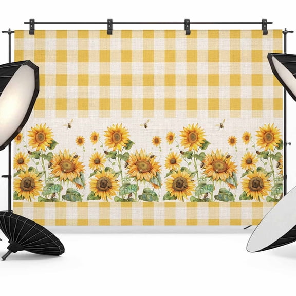 Farmhouse Sunflowers Backdrop for Photography, Yellow And White Plaid Linen Texture Photo Backdrop Portrait Background Party Banner Photo Backgrounds for Studio Booth Props, 10x8ft