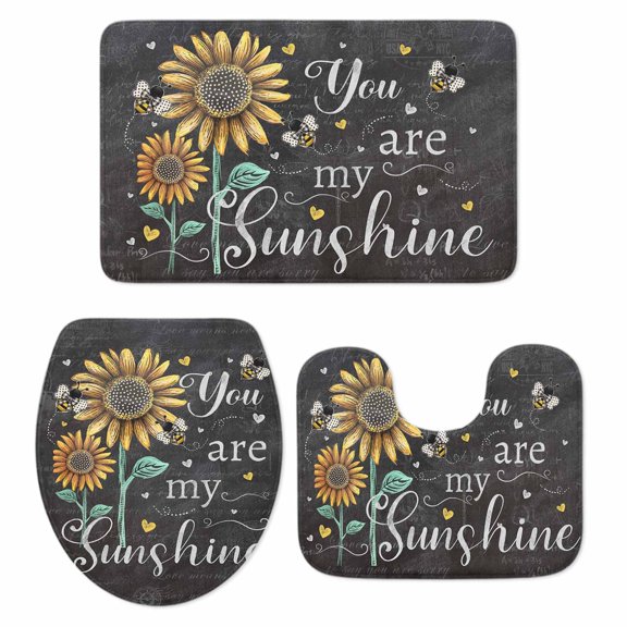 Farmhouse Sunflowers Bath Mat 3 Piece Bathroom Rug Set, Summer Floral My Sunshine Vintage Non Slip Bath Rug Contour Mat and Toilet Lid Cover, Absorbent Shower Mats Soft Bath Rugs and Mats Sets