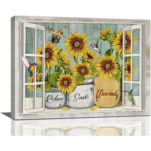 Farmhouse Sunflowers Bathroom Wall Art Rustic Window Views Hummingbird Pictures Wall Decor Abstract Relax Soak Unwind Canvas Prints Painting Modern Home Framed Artwork for Bedroom Living Room 16"x12"