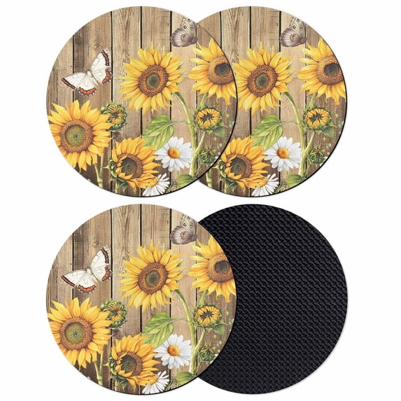 Farmhouse Sunflowers Coasters Set of 4, Absorbent Coasters for Drinks, Rustic Floral Buttterfly Wood Board Brown Coaster for Desk Coffee Table Protection, Home Decor House Warming Gifts 4"