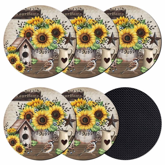 Farmhouse Sunflowers Coasters Set of 6, Absorbent Coasters for Drinks, Western Star Country Bird Pine Cone Coaster for Desk Coffee Table Protection, Home Decor House Warming Gifts 4"
