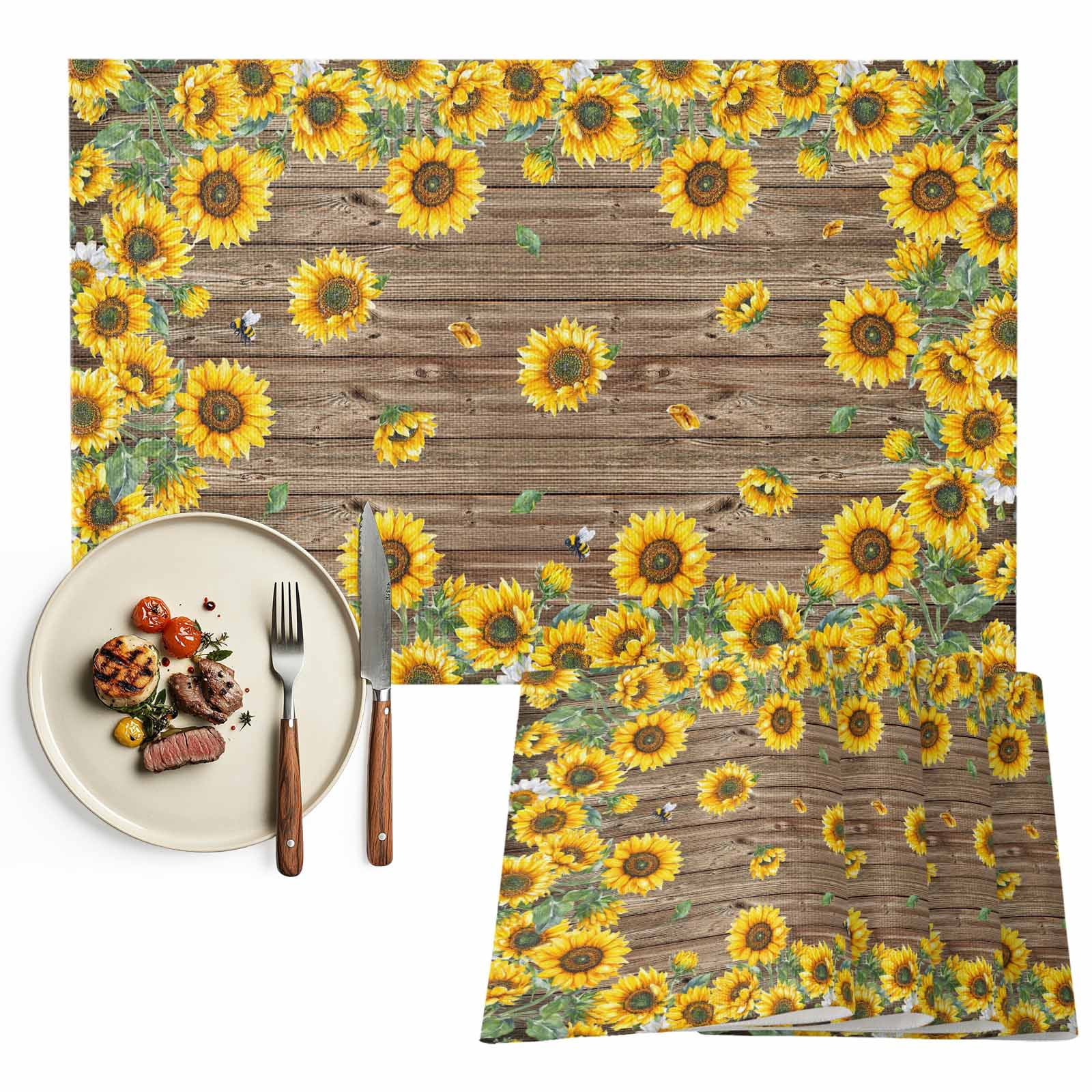 Farmhouse Sunflowers Floral Print Placemats Set of 8, Brown Wood ...