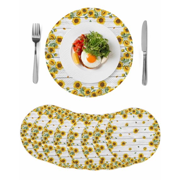 Farmhouse Sunflowers Floral Print Round Table Placemats set of 8, White ...