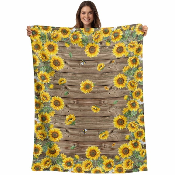 Farmhouse Sunflowers Floral Print Throw Blankets, Brown Wood Texured Soft Fleece Blanket Decorative for Home Sofa Couch Chair Living Bedroom, 40x50 inches,