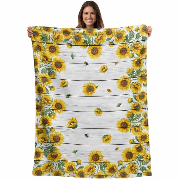 Farmhouse Sunflowers Floral Print Throw Blankets, White Soft Fleece Blanket Decorative for Home Sofa Couch Chair Living Bedroom, 30x40 Inches,