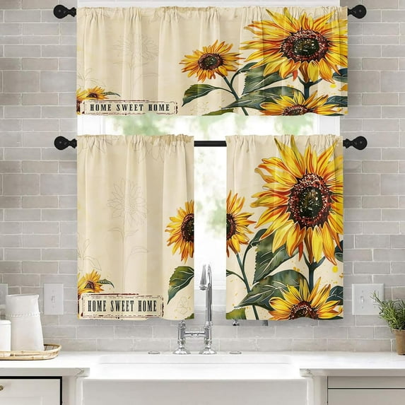 Farmhouse Sunflowers Kitchen Window Curtains Valance and Tier Set 36 Inch, Summer Floral 3 Piece Set Short Curtains for Window Treatment Tiers for Living Room Bedroom