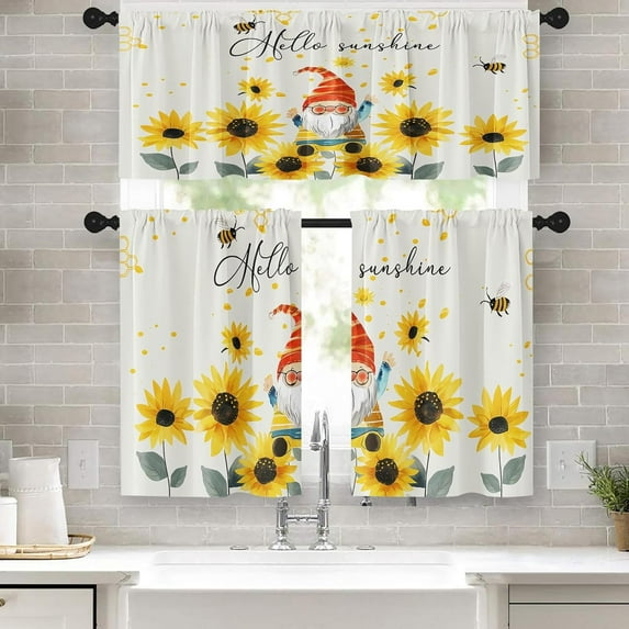 Farmhouse Sunflowers Kitchen Window Curtains Valance and Tier Set 36 Inch, Watercolor Floral 3 Piece Set Short Curtains for Window Bee Window Treatment Tiers for Living Room Bedroom