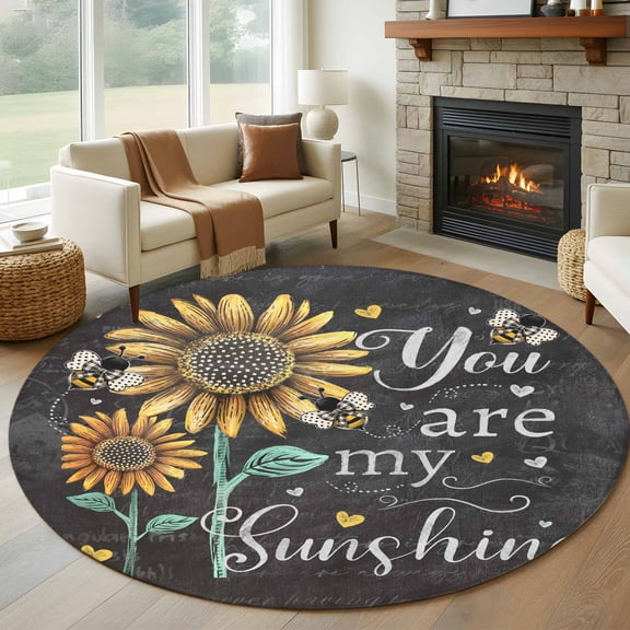 Farmhouse Sunflowers Large Round Rug 8 FT, Non Slip Living Room Area Carpet, Summer Floral My Sunshine Vintage Washable Soft Circle Rug Non-Shedding Floor Carpet for Bedroom Office Dining Room