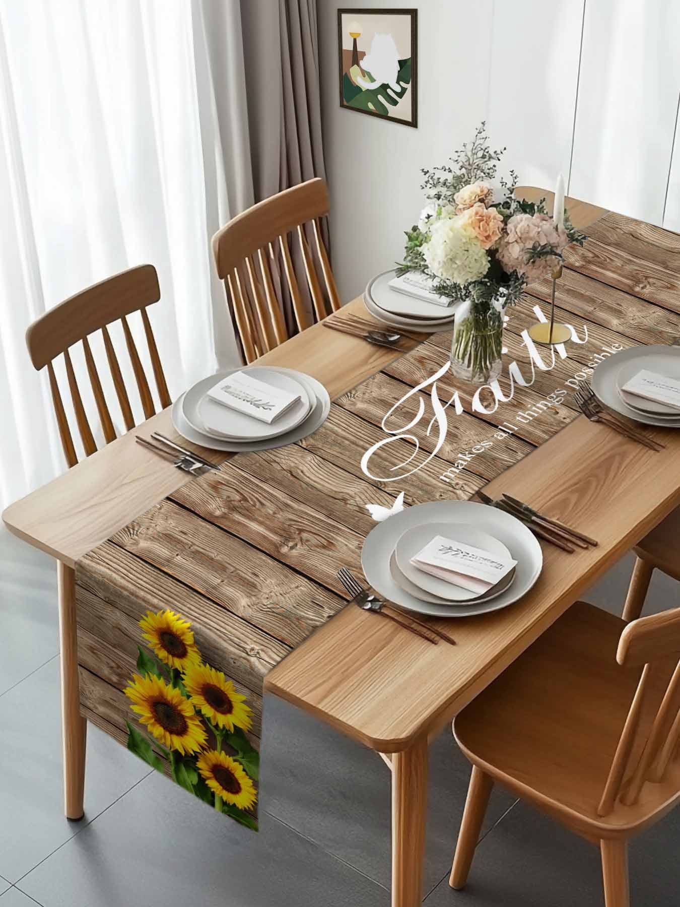 Farmhouse Sunflowers Leaves on Wood Plank Table Runner 90 Inches Long, Rural Floral Table Runners Tabletop Scarf Kitchen Dining Tables Decoration for Home Party Indoor Outdoor
