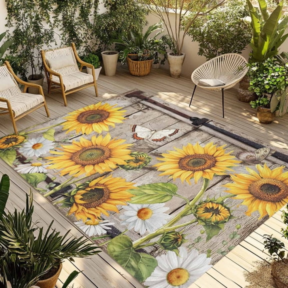 Farmhouse Sunflowers Outdoor Rug 3x5 Ft - Reversible Patio Rug Outdoor Camping Rugs, Rustic Barn Doors Flowers Butterfly Wooden Indoor Outdoor Area Rugs, Non-Slip Outdoor Carpet Runner for Deck/Porch