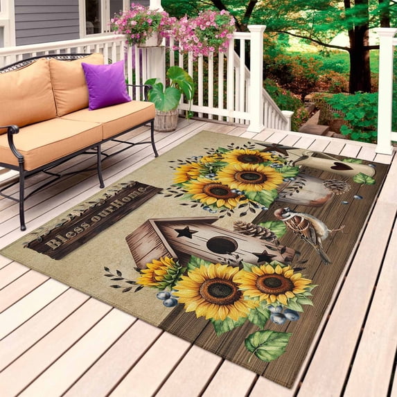 Farmhouse Sunflowers Outdoor Rug 4x6 Ft, Non Slip Washable Area Rug, Western Star Vintage Sparrows Patio Rugs Carpet Runner, Large Floor Mat for Indoor/Outdoor Deck Porch Camping