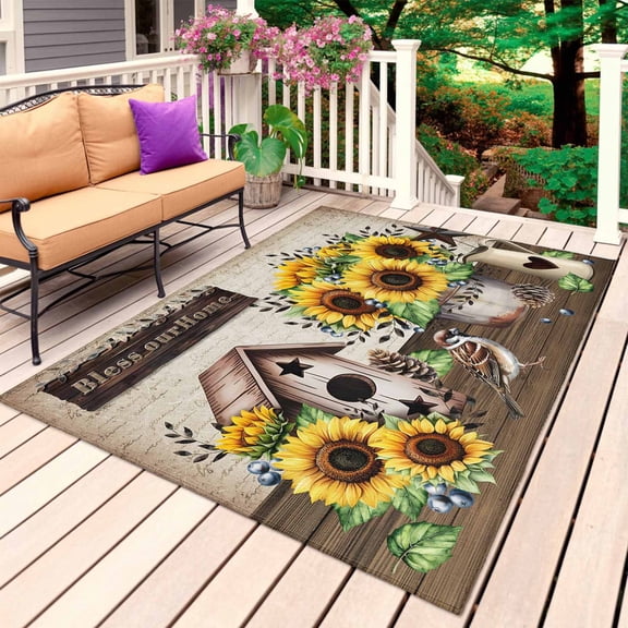 Farmhouse Sunflowers Outdoor Rug 6x9 Ft, Non Slip Washable Area Rug, Western Star Country Bird Pine Cone Patio Rugs Carpet Runner, Large Floor Mat for Indoor/Outdoor Deck Porch Camping