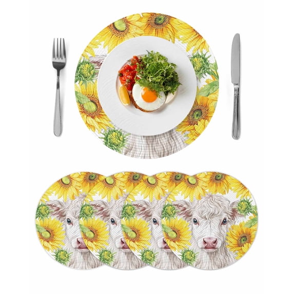 Farmhouse Sunflowers Round 13 Inch Placemats Set of 4, Spring Country Watercolor Cow Floral HeatResistant Non Slip Place Mats for Dining Table, Wipeable Braided Kitchen Table Mats for Housewarming