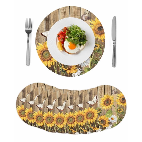 Farmhouse Sunflowers Round 13 Inch Placemats Set of 8, Rustic Floral Buttterfly Wood Board Brown HeatResistant Non Slip Place Mats for Dining Table, Wipeable Kitchen Table Mats for Housewarming