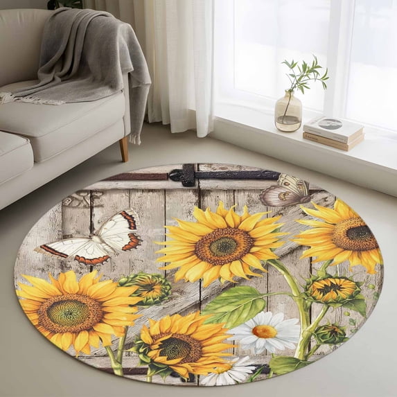 Farmhouse Sunflowers Round Area Rug 3.3Ft Washable Circle Rugs for Dining Room Table, Rustic Barn Doors Flowers Butterfly Wooden Non-Slip Carpet Floor Mats Indoor Outdoor Carpet Runner Home Decor