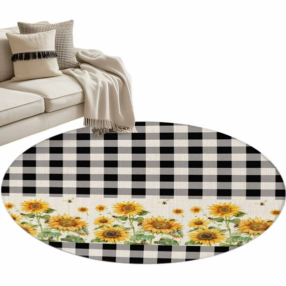 Farmhouse Sunflowers Round Area Rug 3ft Black And White Plaid Linen Texture Non-Slip Washable Circle Rugs Soft Felt Indoor Floor Mat for Bedroom Kitchen Living Room Bathroom