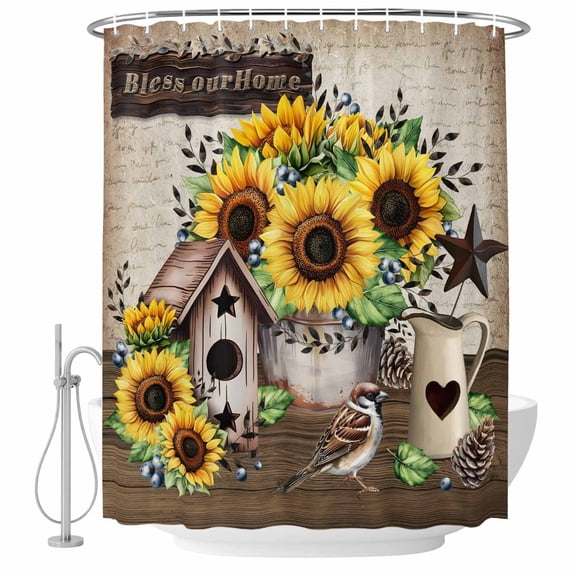 Farmhouse Sunflowers Shower Curtain, Waterproof Shower Curtains for Bathroom, Western Star Country Bird Pine Cone Washable Fabric Bathtub Curtain Set Bath Decor with 12 Hooks Extra Long 72"x96"