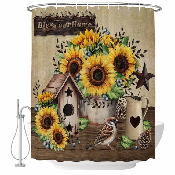 Farmhouse Sunflowers Shower Curtain, Waterproof Shower Curtains for Bathroom, Western Star Vintage Sparrows Washable Fabric Bathtub Curtain Set Bath Decor with 12 Hooks Standard 72"x72"