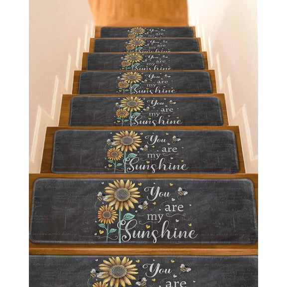 Farmhouse Sunflowers Stair Treads for Wooden Steps Indoor Runner Rug Carpet, Summer Floral My Sunshine Vintage 4 Pieces Peel and Stick Staircase Step Treads Covers Washable Throw Door Mats, 30"x8"