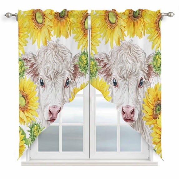 Farmhouse Sunflowers Swag Valances for Windows, Kitchen Curtains 36 Inch Length 2 Panels Set, Spring Country Watercolor Cow Floral Short Curtains for Small Windows Rod Pocket Cafe Curtains 28"x36"