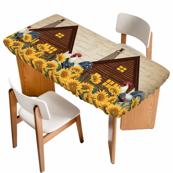 Farmhouse Sunflowers Table Cloths for 6 Foot Rectangle Tables, Vintage Roosters Farm Countryside Patio Waterproof Elastic Fitted Tablecloths, Washable Rectangular Table Cover for Camping