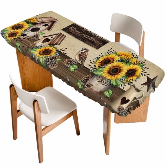 Farmhouse Sunflowers Table Cloths for 8 Foot Rectangle Tables, Western Star Vintage Sparrows Patio Waterproof Elastic Fitted Tablecloths, Washable Rectangular Table Cover for Camping