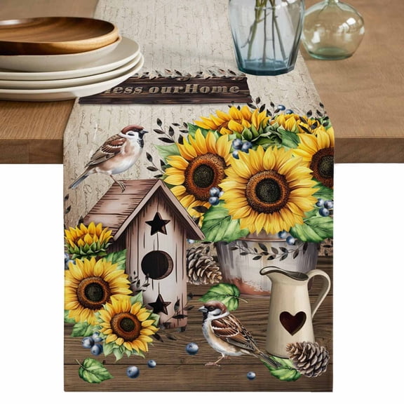 Farmhouse Sunflowers Table Runner 72 Inches, Western Star Country Bird Pine Cone Bed Runner Dresser Scarves Tabletop for Indoor Outdoor Parties/Ceremony/Banquet, 14" x 72"