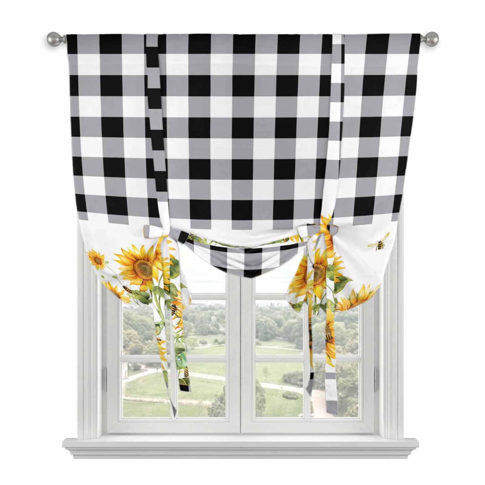 Farmhouse Sunflowers Tie Up Curtain 63 Inches Long, Country Retro Black ...