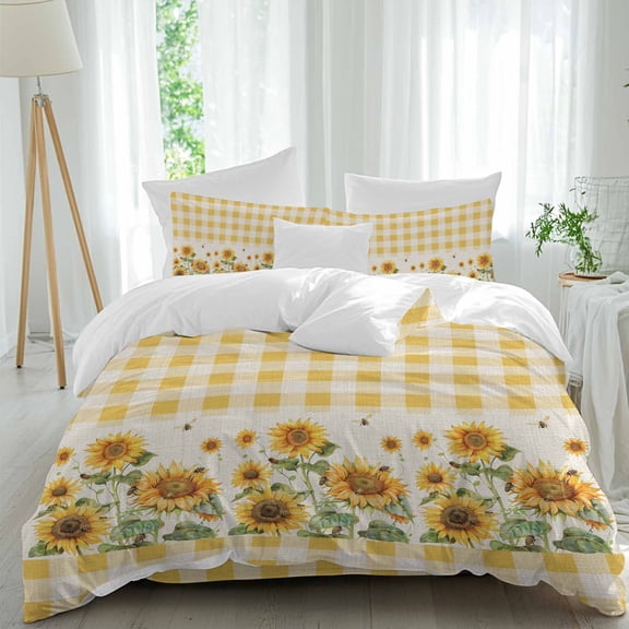 Farmhouse Sunflowers Twin Size Comforter Set, Yellow And White Plaid Linen Texture Bedding for All Seasons, 4 Pcs Bed Set, 1 Quiltcover (68"x86") ,1Sheet(67"x116"), 2Pillowcases (30"x20")