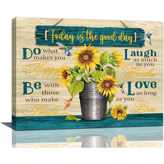Farmhouse Sunflowers Wall Art Inspirational Quotes Pictures Wall Decor Flower Birds Canvas Print Framed Motivational Painting Artwork for Kitchen Bathroom Living Room 16"x12"