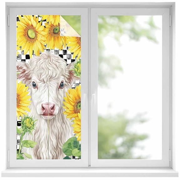 Farmhouse Sunflowers Window Privacy Film, Country Cow Black Plaid Checkered Static Cling UV Sun Blocking Heat Control Window Tint Day and Night, Non-Adhesive One Way Privacy Cover 17.7''x39.3''